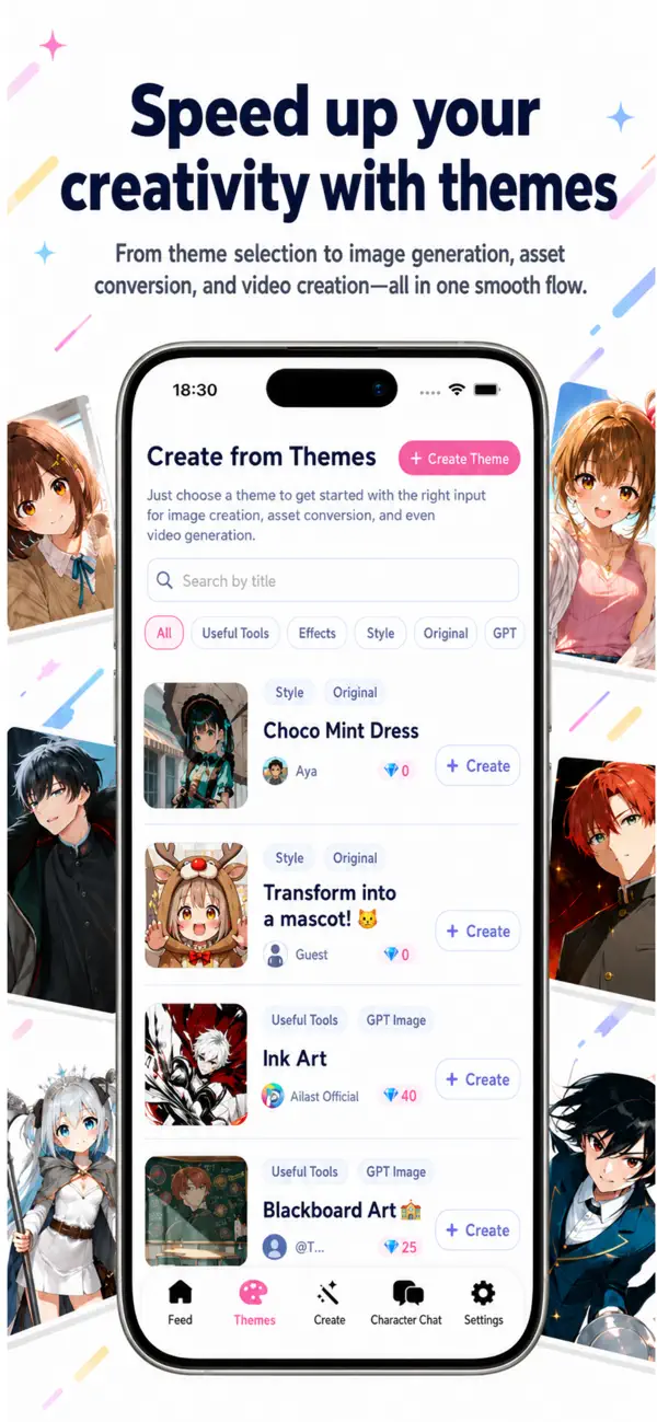 Ailast App Store promotional image showing creation from themes